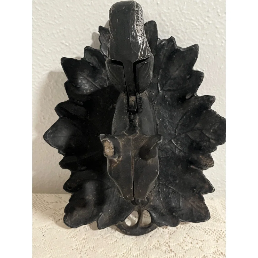 Vintage Cast Iron Squirrel Nutcracker on Leaf Base Rustic Black Metal Decor